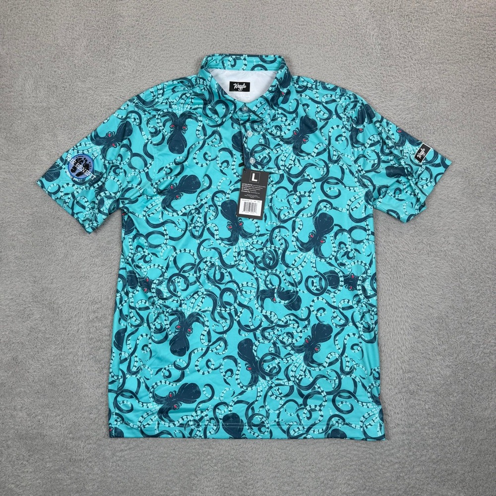 Waggle Mens Octopus Print Golf Polo Shirt Teal Navy The Benefit Patch Large NWT